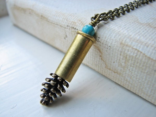 Gold Bullet Necklace Small Brass Pine Cone Turquoise