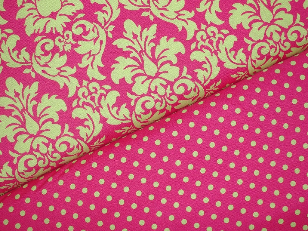 Michael Miller Fabric Duo, Dandy Damask and Dumb Dot in Watermelon, Full Yard Set, 2 Yards Total