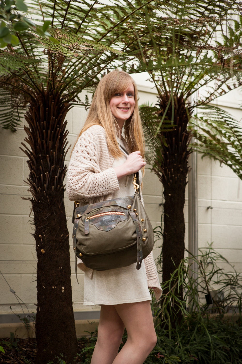 SALE 40% OFF Handcrafted Unique Green Camo Print and Olive Leather Messenger Bag was 469 Dollars