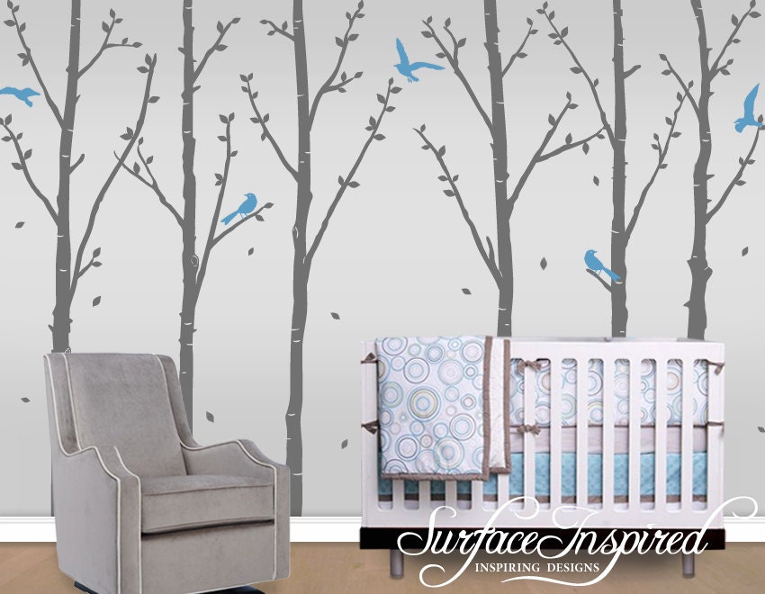 Tree Wall Decal - Winter Trees With Leaves and Flying Birds