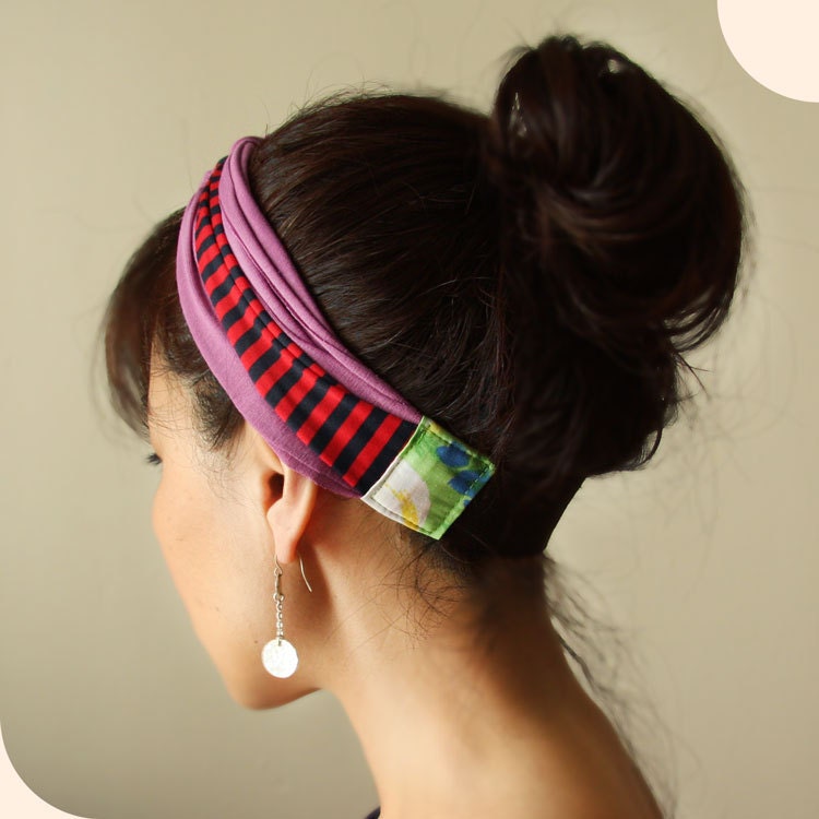 Stretchy Jersey Ring headband Pink/ Navy Red stripe
