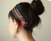 Japanese Obi Triple headband Adjustable/ Burnt orange/ blue