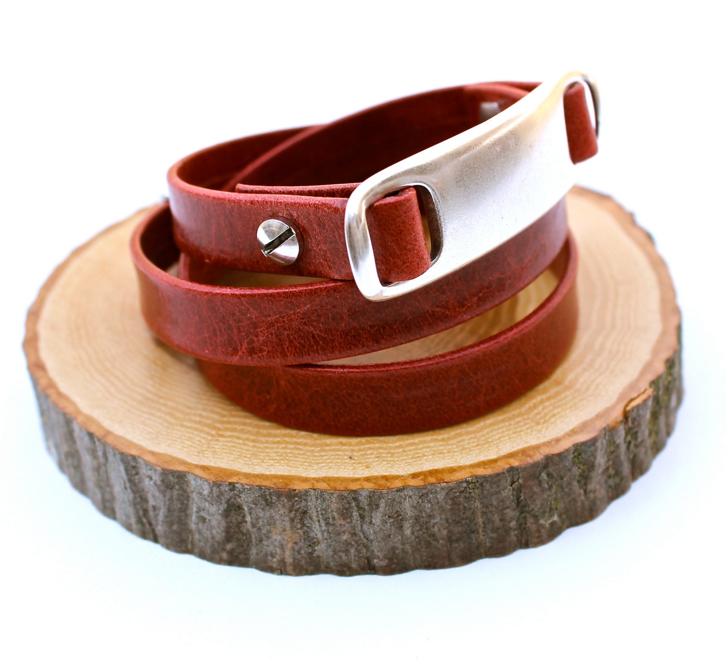 Rustic Red Italian Leather Triple Wrap Bracelet ID Bracelet Cool Mom Gift Amy Fine Design