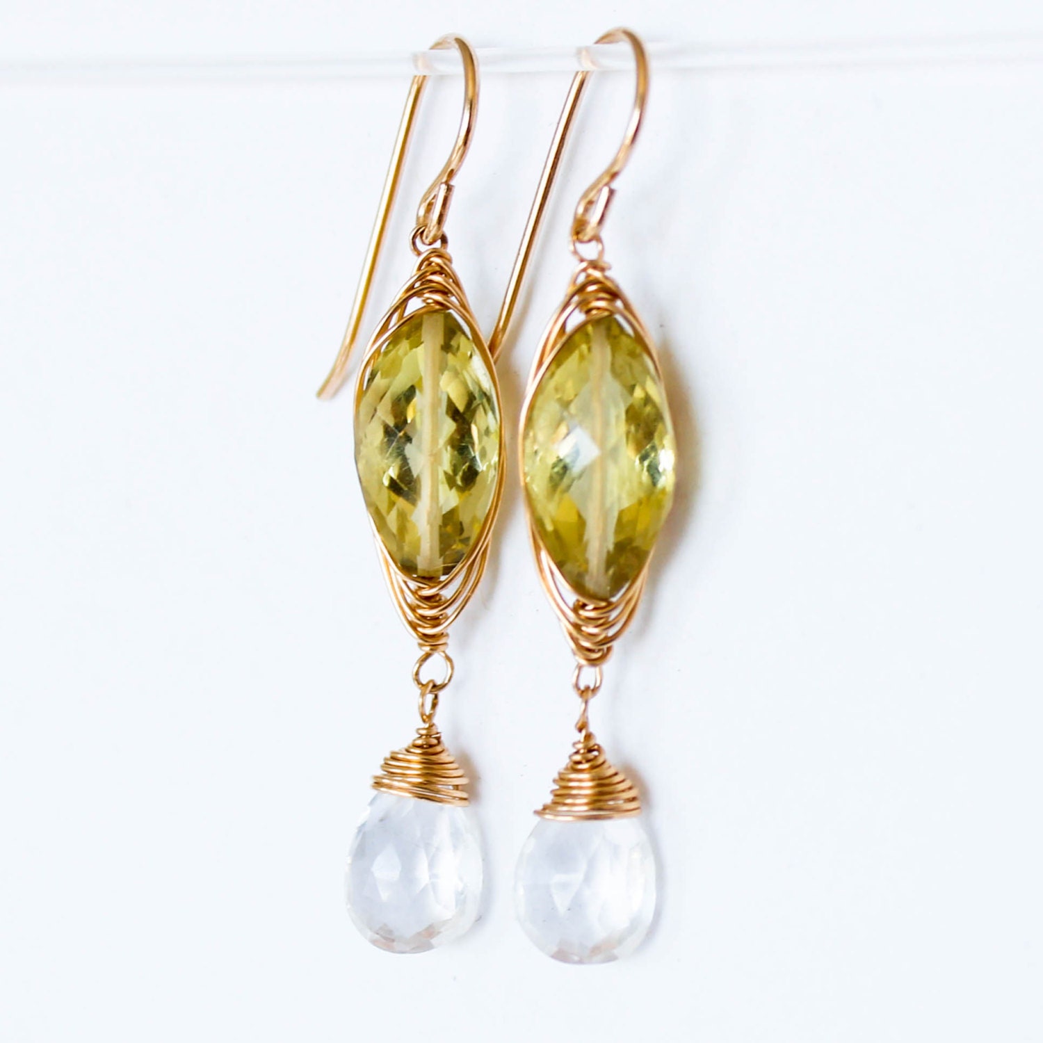 Lemon Glitz Drops - Gold, Lemon Quartz and Crystal Quartz Herringbone Earrings