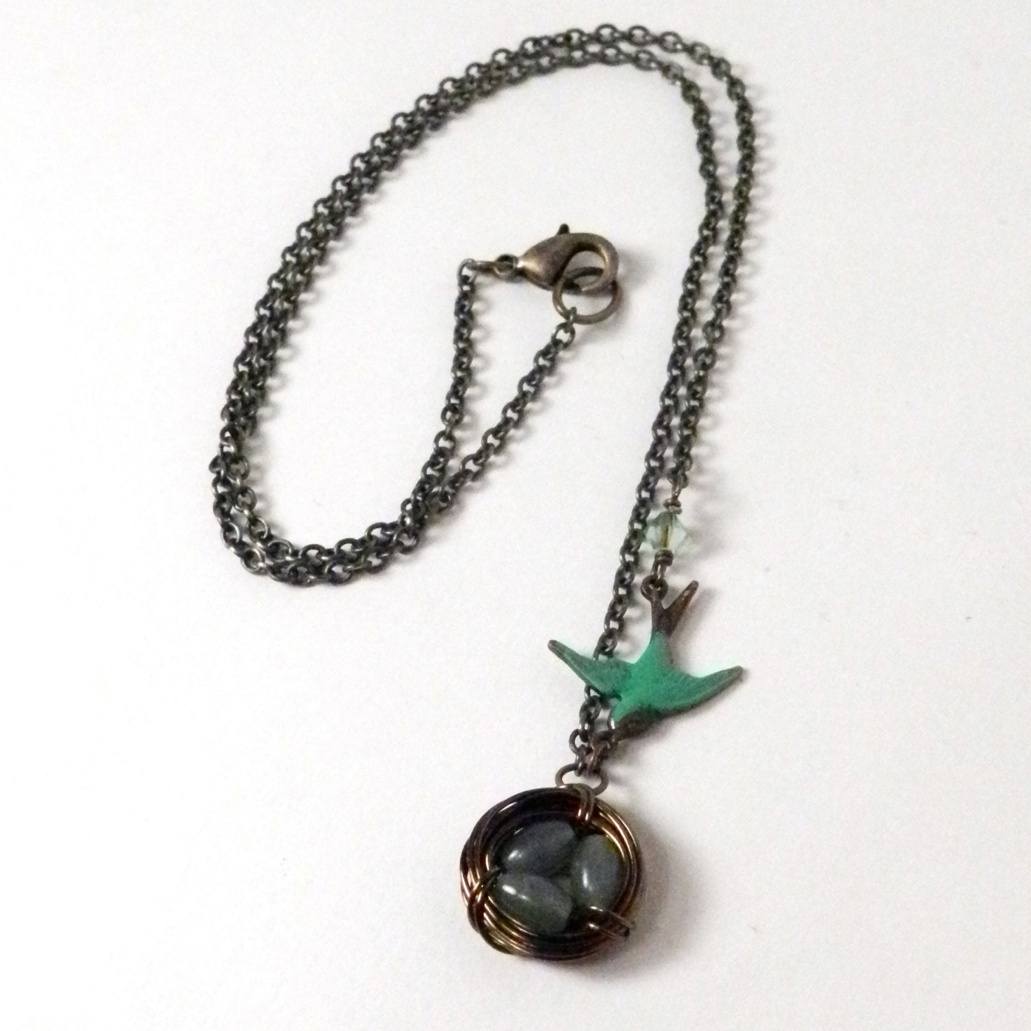 Birds Nest Necklace with Real Aventurine - Green, Jade - Antique Brass