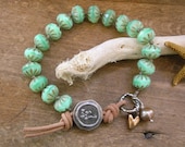 Beachy knotted bracelet - Seafoam - mint green beach bracelet bohemian jewelry, artisan bronze sterling silver, heart charm, boho, sundance