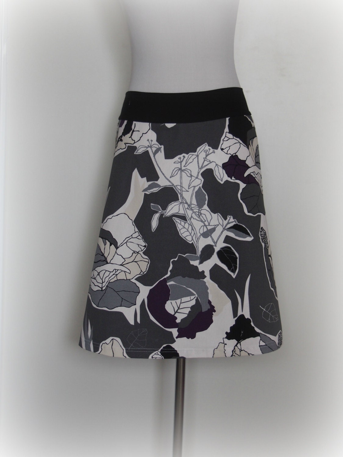 floral grey and purple on white print print skirt from Wanderlust by Miss Fancypants - heavier weight 100% cotton