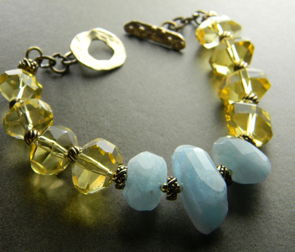 Blue Aquamarine Bracelet Citrine Artisan Bronze One of a Kind