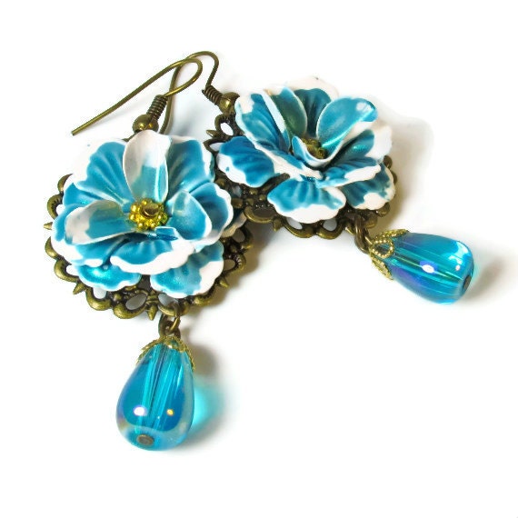 Turquoise Flower Earrings, Teal Blue, Vintage Inspired