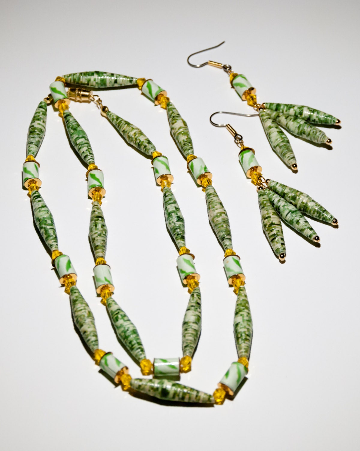 Upcycled Green and Yellow Necklace and Earrings Set from Paper Beads