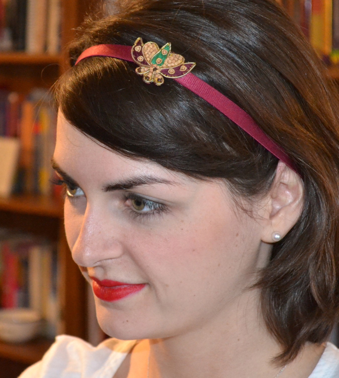 Lotus Flower, Embroidered Scarab Beetle Elastic Headband, Beaded Burgundy Beetle by Jill's Boutique on Etsy