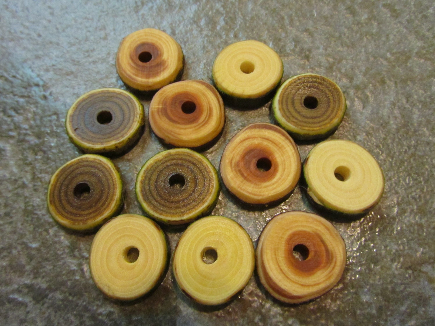 12 Mixed Wood Center Drilled Buttons Or Clasps.