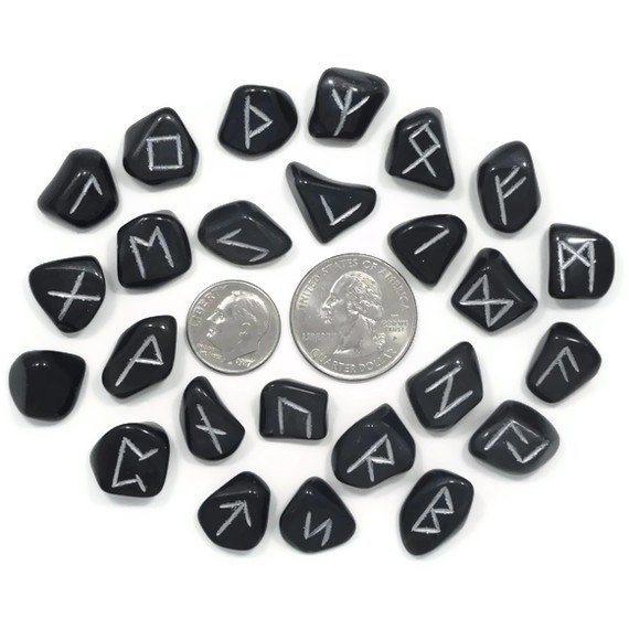 Mini Black Obsidian Rune Set Hand Carved Elder Futhark With Manual & Pouch