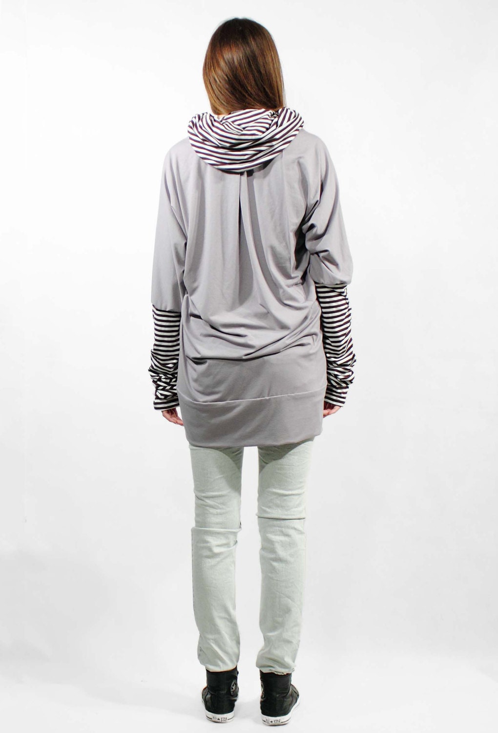 Gray loose sweater, Striped sweater, Long sweater