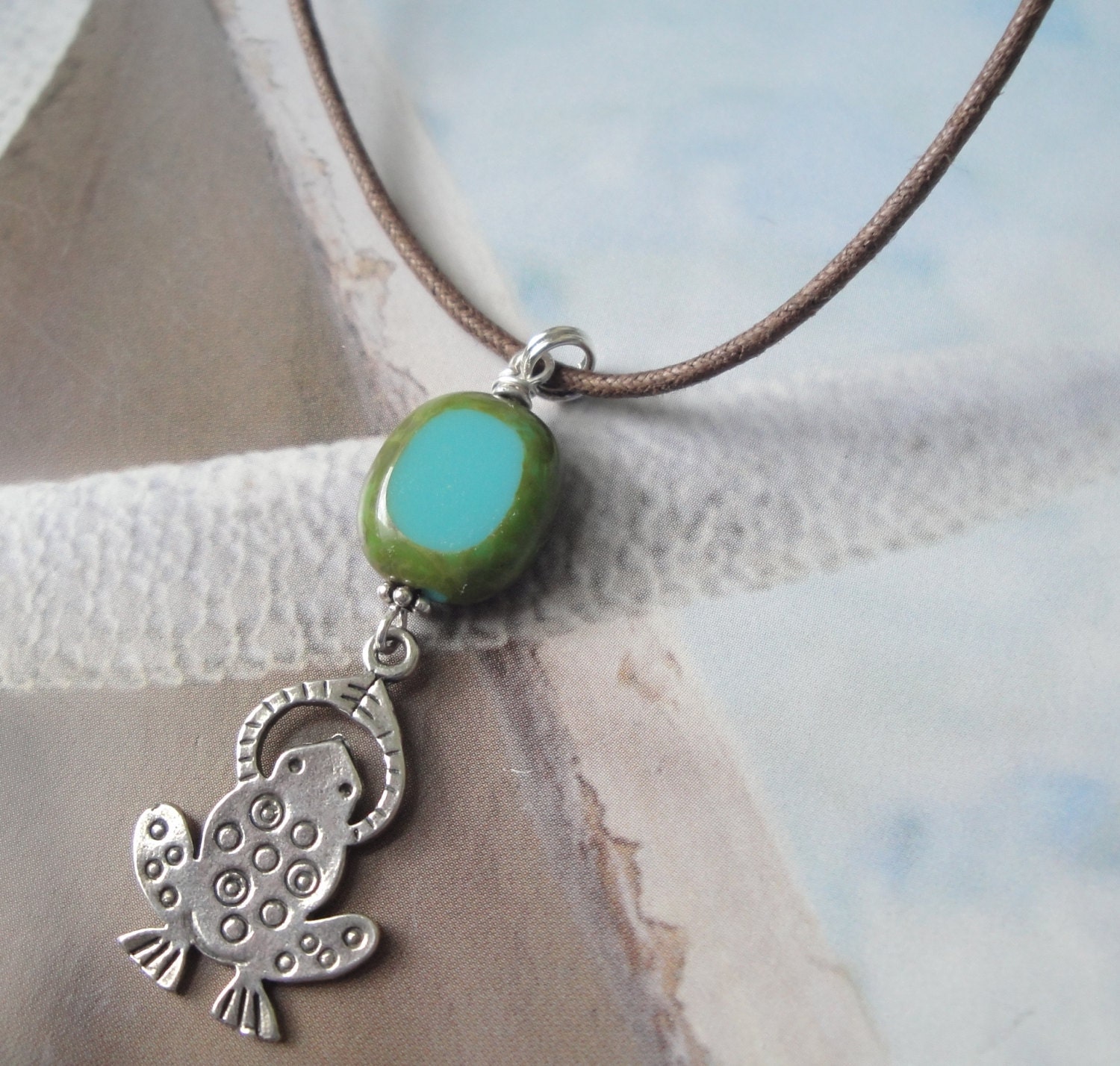 Sweet Lil Frog Sterling Silver Czech Aqua Bead Adustable Necklace
