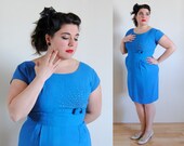 Plus Size Vintage Dress 1960s Blue with Bow and Beads // Starburst Spring Fashion // Size 12/14 XL