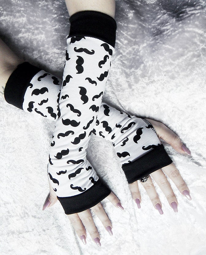 I Mustache You A Question Arm Warmers - White - Black Mustaches - Hipster Yoga Hooping Gothic Bellydance Cycling Victorian Lolita Goth