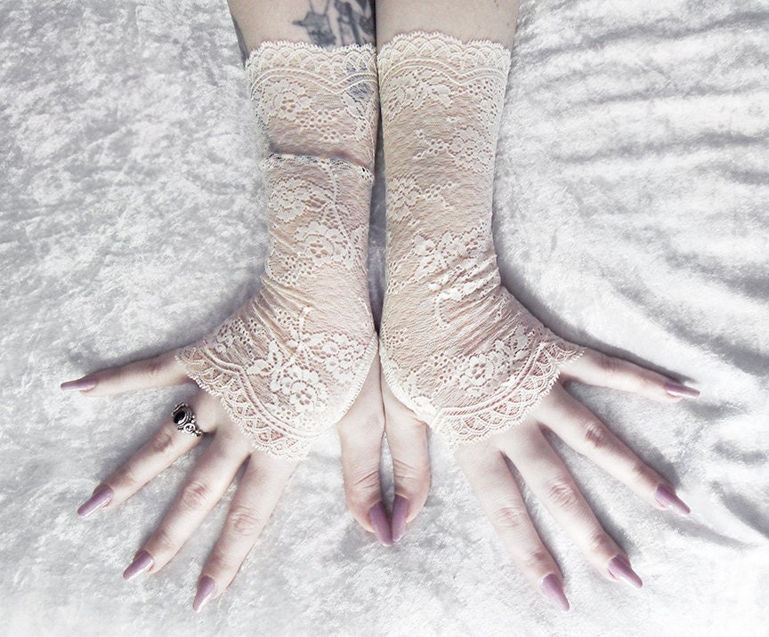 Stasya Lace Fingerless Gloves - Champagne Ivory Cream French Floral - Wedding Gothic Regency Tribal Nude Austen Bridal Fetish Gypsy Mori