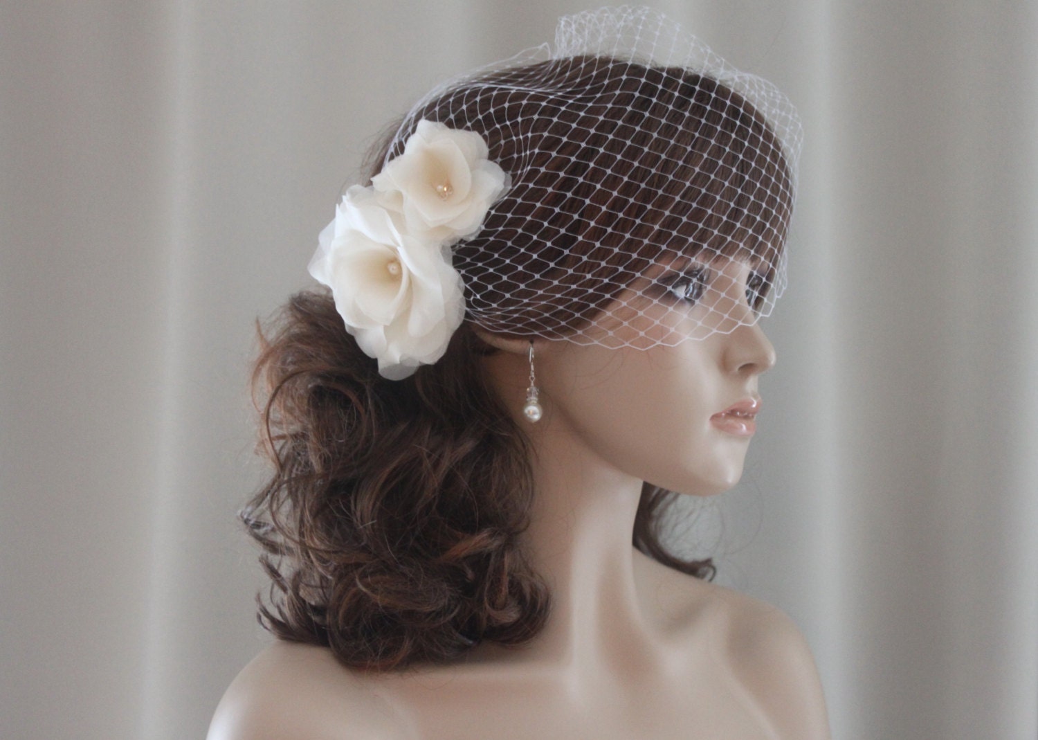 Birdcage Veil with Flower Hair Pins-Veil-Bridal Birdcage Veil-Birdcage Bandeau Birdcage Veil with Flower Bridal Fascinator-VS107