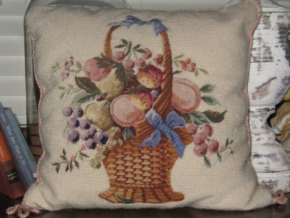 Beautiful Vintage Petipoint Pillow...Wonderful Accent Pillow...Beautiful Basket Of Fruit...
