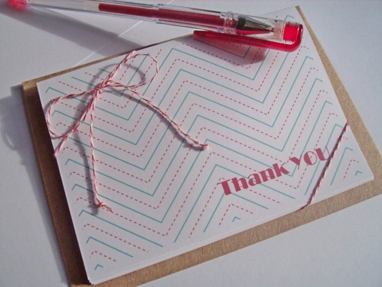 Chevron Thank You Cards - Ruled Chevron Card Set,  Aqua Blue Mint Red Lined Thank You Notes, Old School Handwriting Paper Chevron Stationery