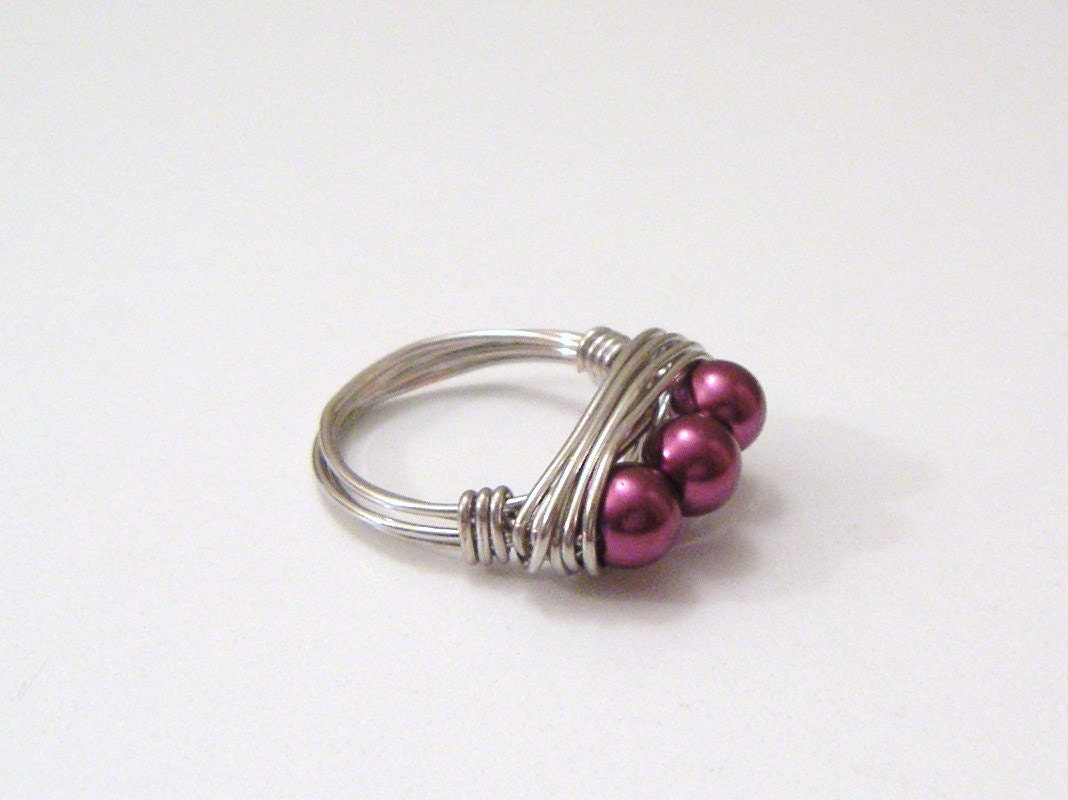 Trio of Pearls Wire Wrapped Ring - Sparkling Grape Juice - US Size 7