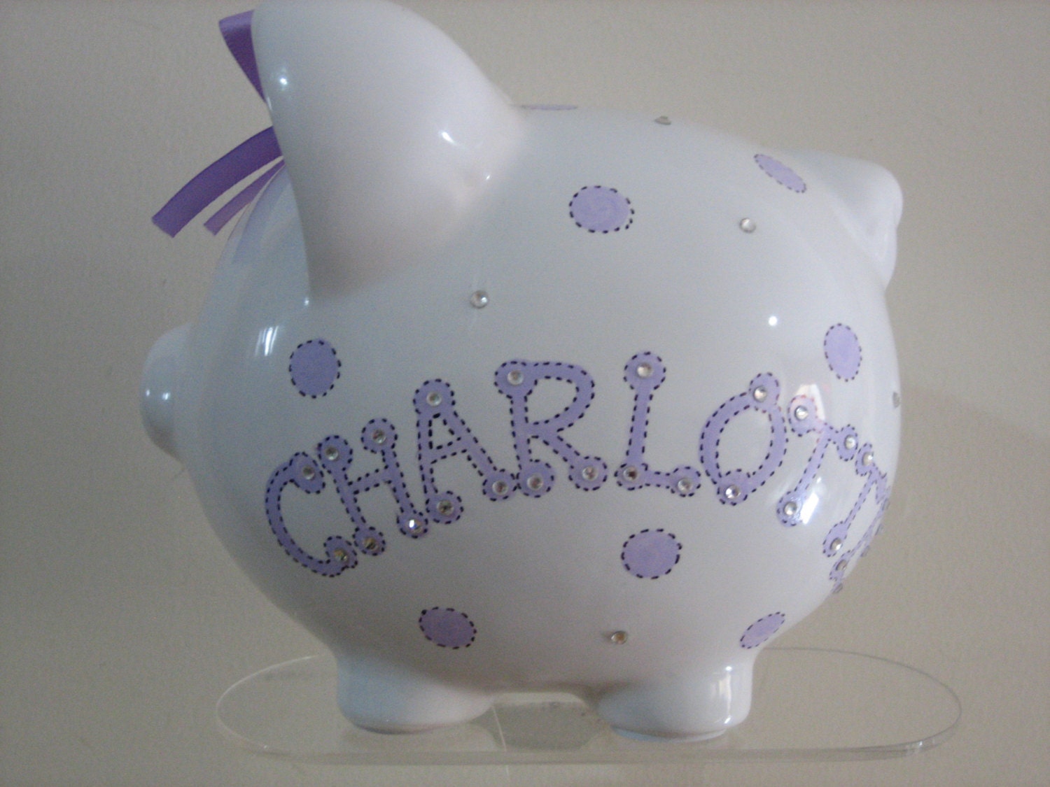 Personalized Piggy  Bank Polka Dots and Stripes, lavender  - Baby Showers Christenings, Birthdays