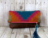 Neon Tribal Leather Fold Over Clutch Handmade By 14XBags