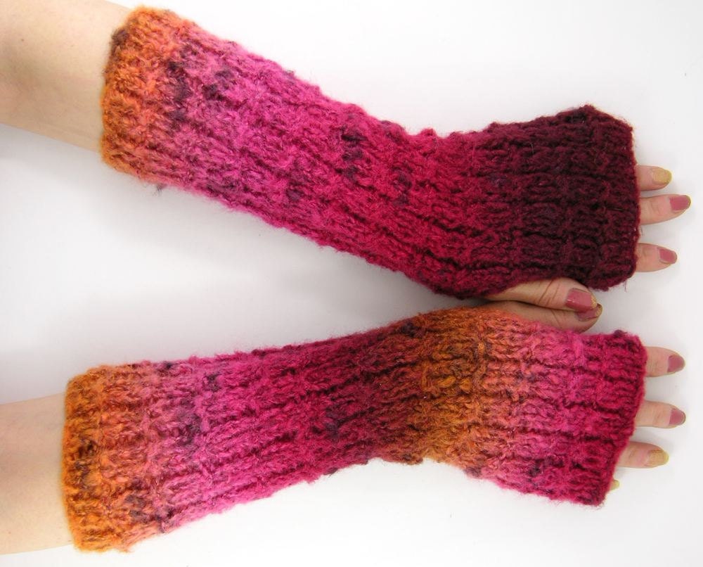 knit fingerless gloves arm warmers knit fingerless mittens ribbed mismatched orange red wine pink bright soft tagt team