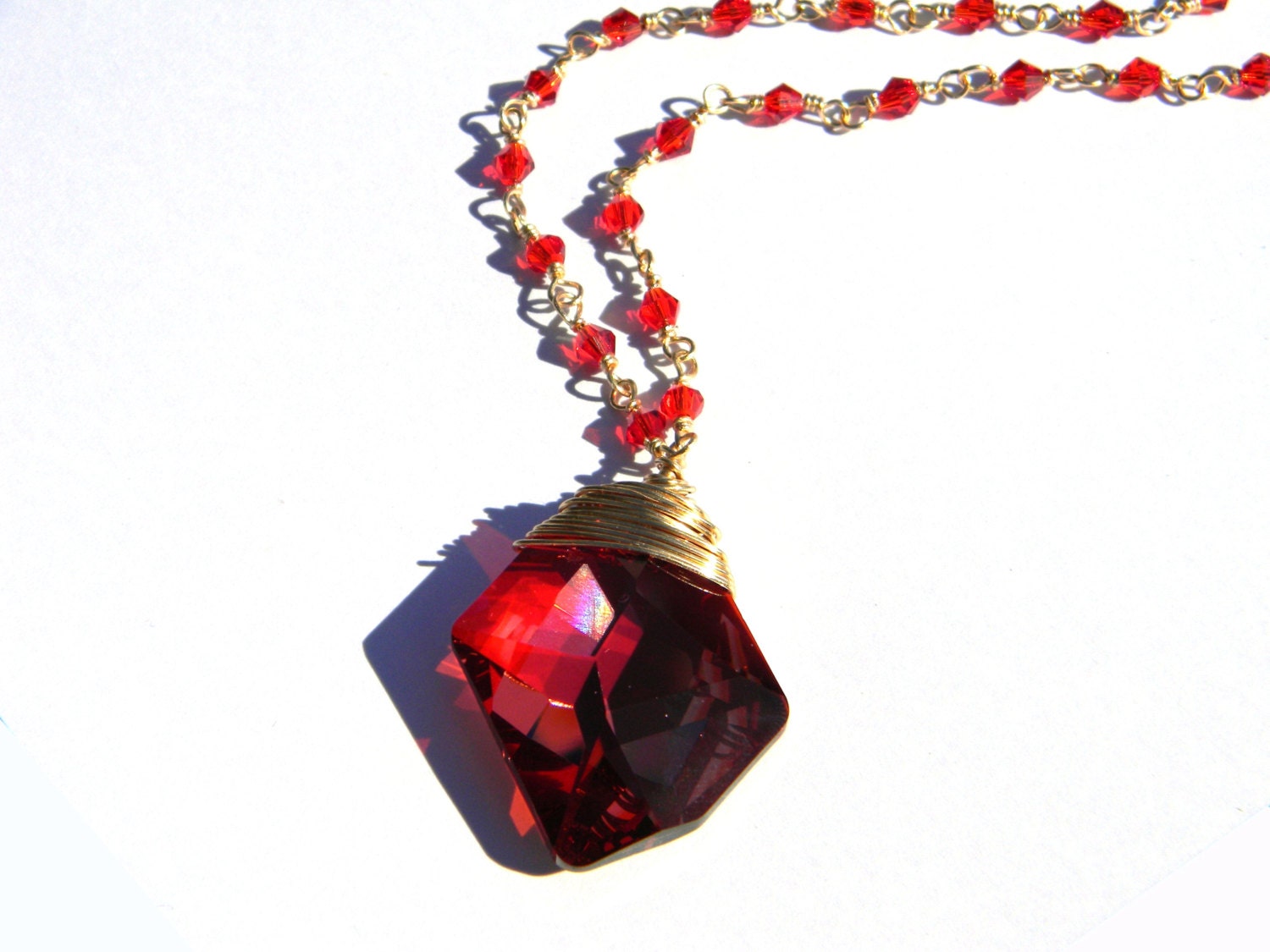 Magma Red Swarovski Crystal Pendant Necklace - Linked Wire Wrapped Crystals - Harry Potter Sorcerer's Stone - Handmade - Gift Under 50 100