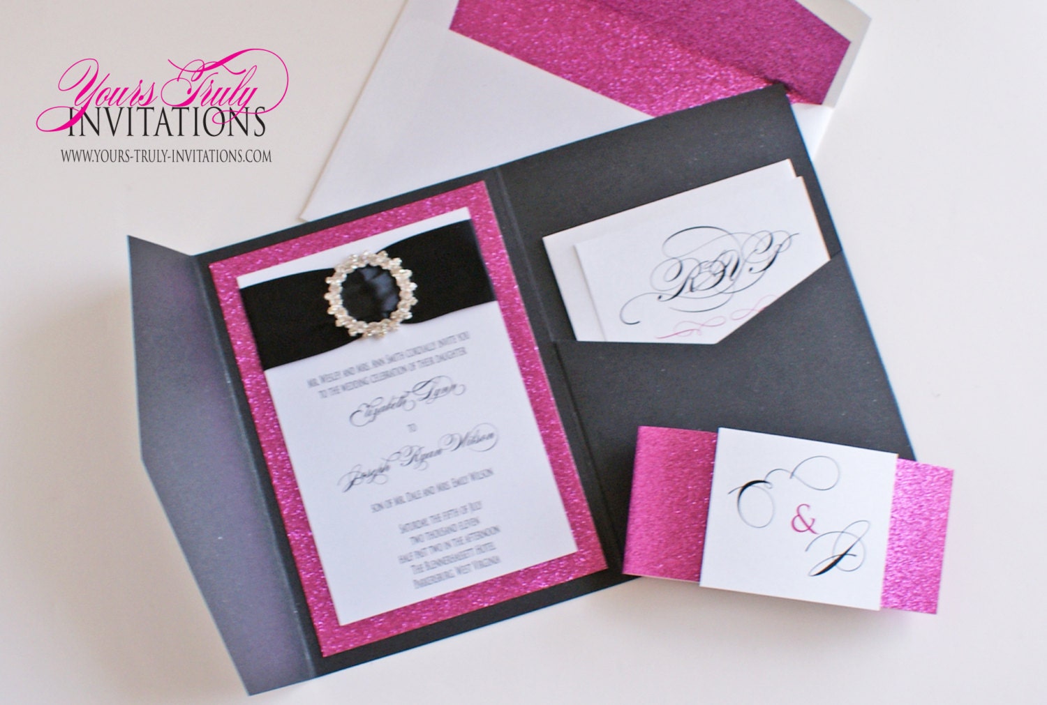 Glamourous Glitter Wedding Invitation Suite shown in Hot pink and black