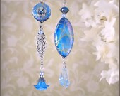 Daybreak Asymmetrical Mismatch Earrings - Silver, Electric Ocean Blue, Ice Blue, Mermaid, Sea Shell Seashell, Beach Wedding, Flower Earrings