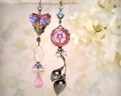 Wildheart - Romantic Asymmetrical Mismatch Earrings, Lampwork Glass, Heart, Flower, Mauve Pink Rose Lavender Periwinkle, Garden Wedding,