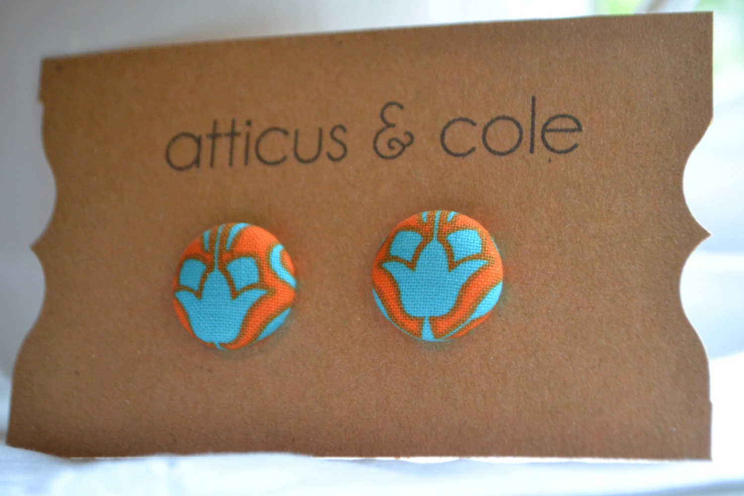 Medium Fabric Button Earrings Orange & Blue Studs