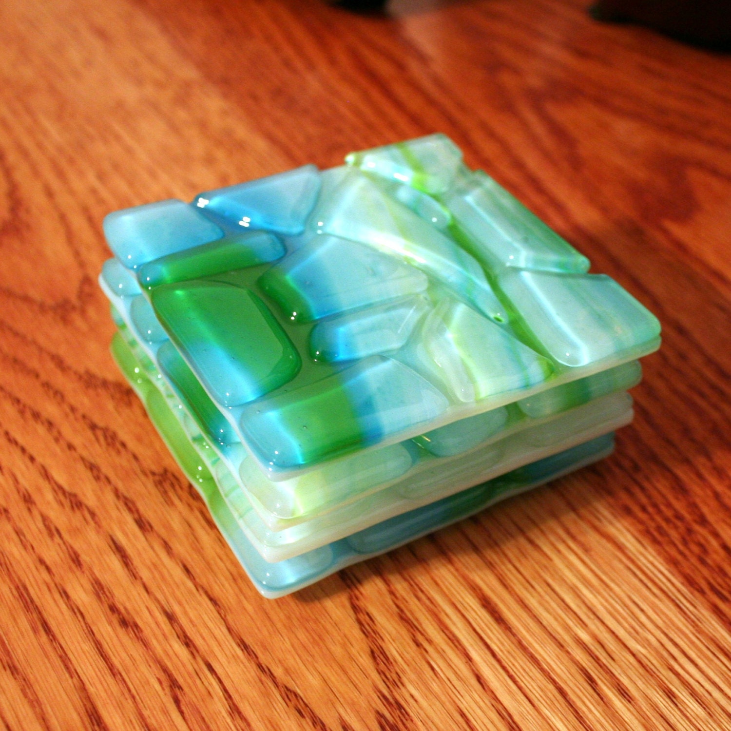 Fused glass coasters Home & Living green blue white cobblestones.