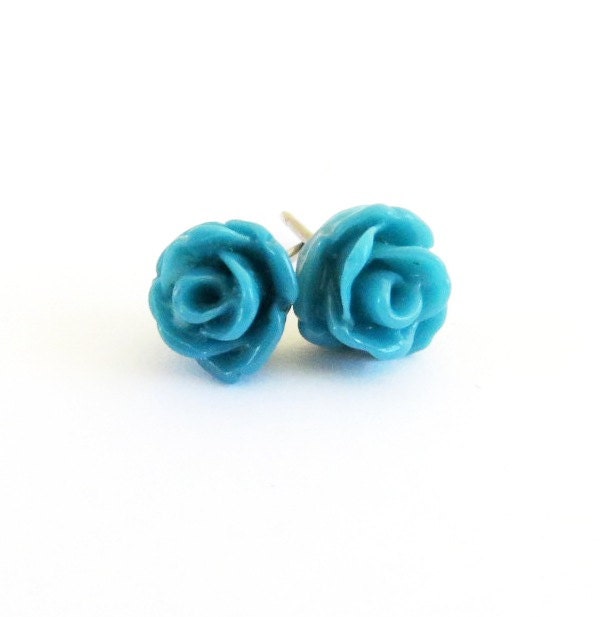 Tiny Teal Rose Stud Earrings- Surgical Steel Post Earrings- 7.5mm