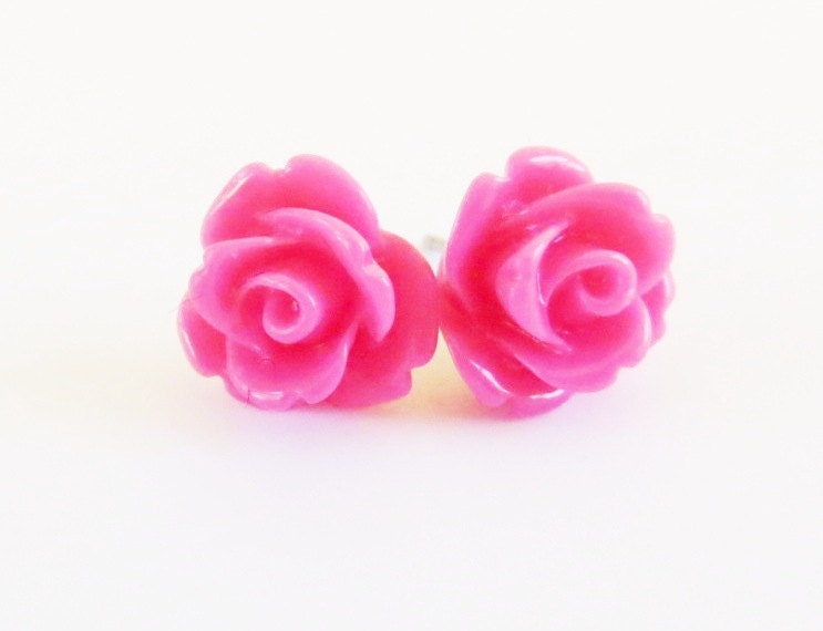 Magenta Rose Earrings- Surgical Steel- 10mm