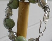 Chunky  Green-Blue Ceramic and Silver Glass Pearl Wire-wrapped Bracelet