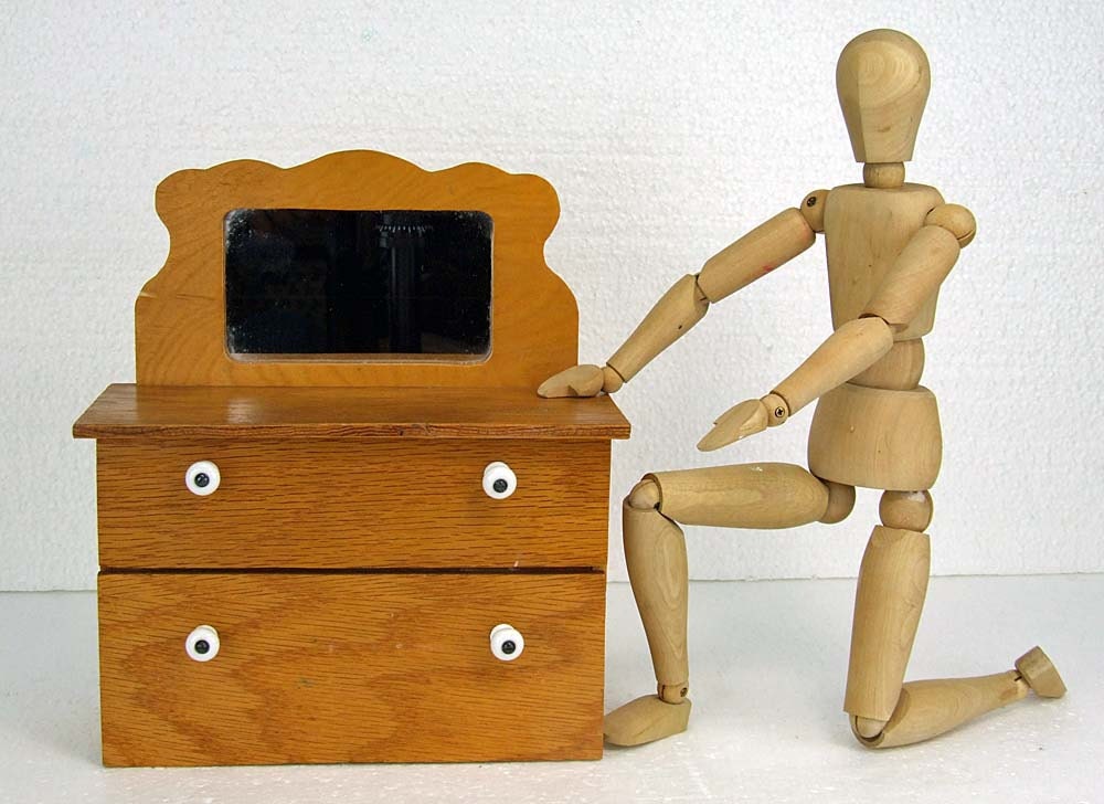 Vintage Handmade Oak Doll Furniture Dresser Drawer with Mirror and White Porcelain Knobs Cottage Chic Folkart Jewelry Box