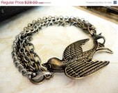 Chain Bracelet, Brass Bird, Vintage Style, Multi Chain, Mixed Metal, Layered