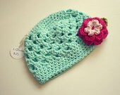 Light Teal Crochet Hat 6-12 Month Old Size Spring Summer Fall Cotton