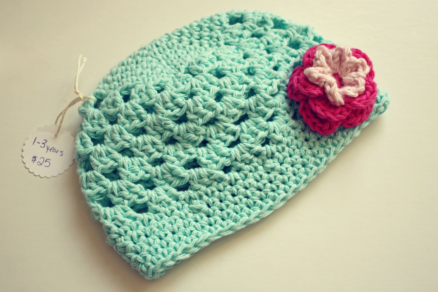 Light Teal Crochet Hat 1-3 Year Old Size Spring Summer Fall Cotton