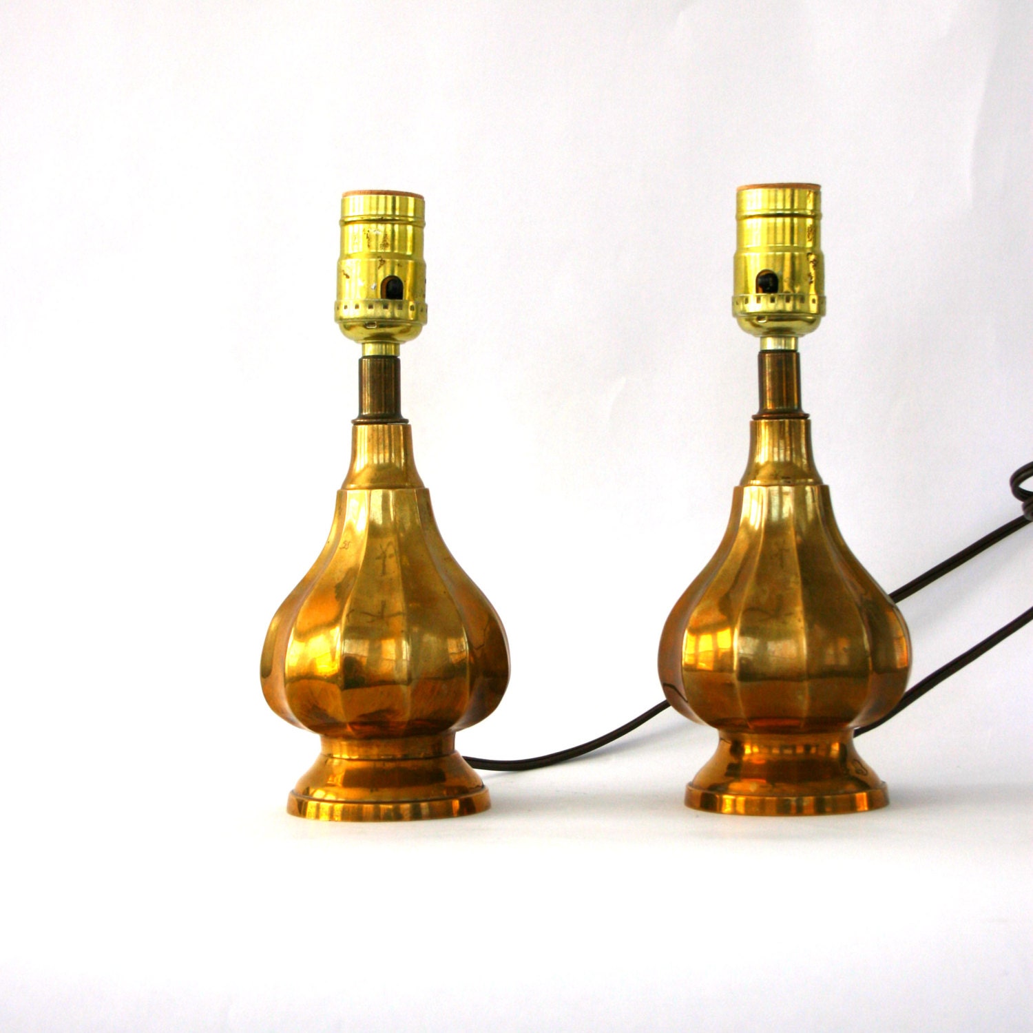 Pair Brass Lamps. Boudoir Lamps. Onion Bulb Shape. Bedside Lamps. Table Lamps. Bohemian Boho. Eclectic Home Decor.