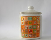 Cookie Jar. Vintage Spring Kitchen. Avon Patchwork. Patch. Retro. Mod. 70s. Orange. Green. Yellow. Flowers. Rhapsody Attic.