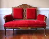 Antique Eastlake Love Seat. Settee. Poppy Cranberry Red. Couch. Velvet Sofa. Wood. Bohemian Home Decor. Photography Prop.