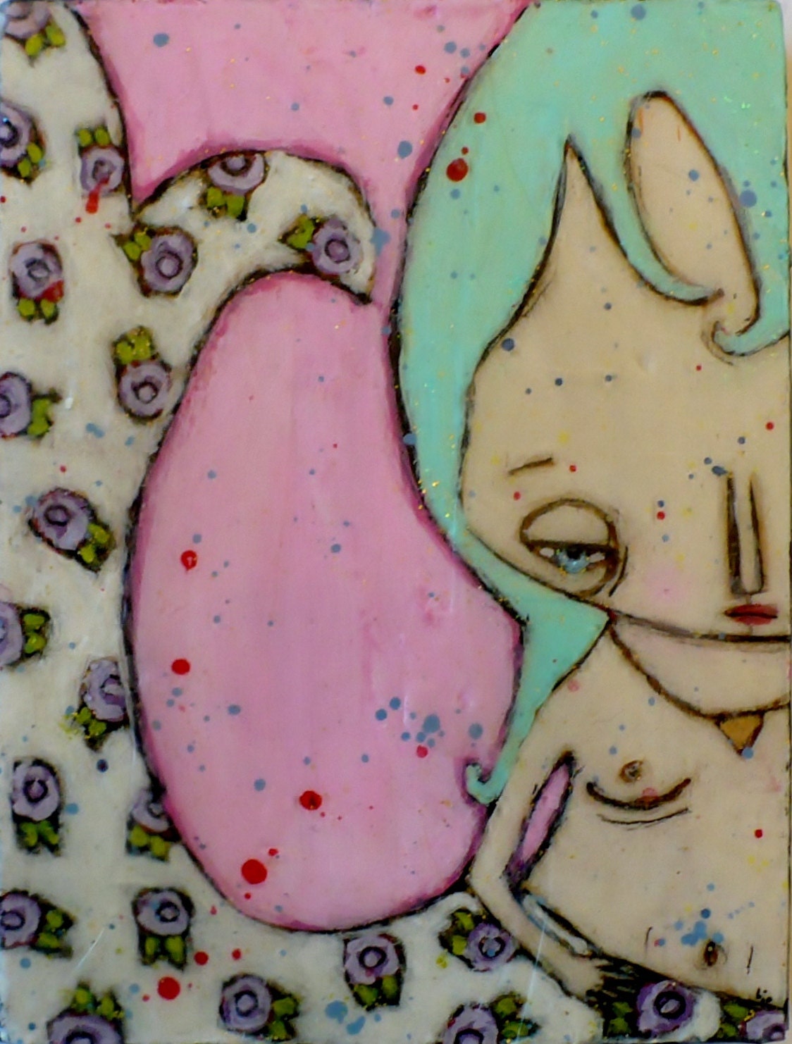 Creepy Art Floral mermaid wall decor painting mixed media pink turquoise lime green nursery wall art original bees wax artwork