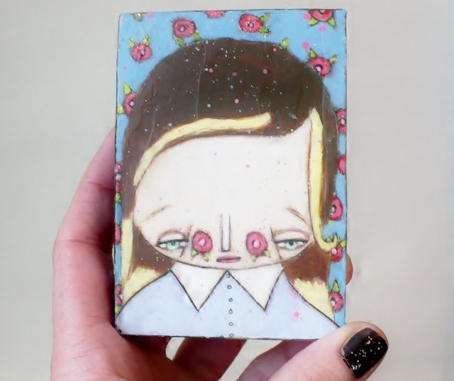 Aceo folk art bees wax rosy red cheeks painting ombre hair wall art mixed media painting blue purple red yellow