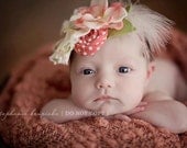 Prim and Posh- ruffle, rosette, silk flower and feather headband in coral peach green and ivory