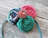 By My Side- triple rosette headband in aqua, hot pink and navy