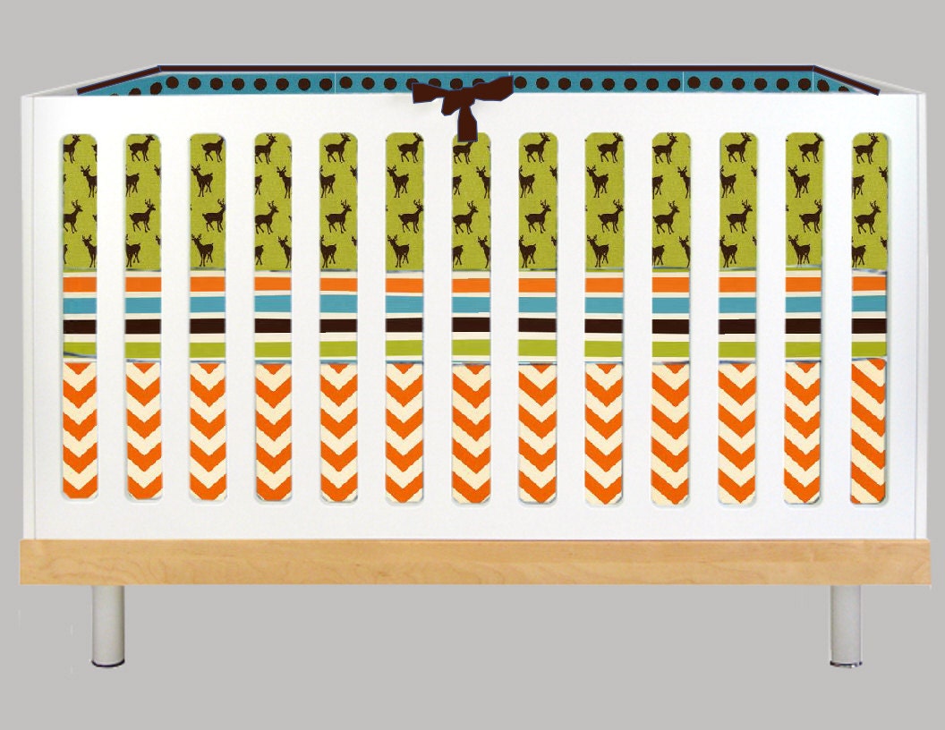 Modern Deer Crib Bedding, Orange Brown Green Blue,  (Modern Custom Crib Set)